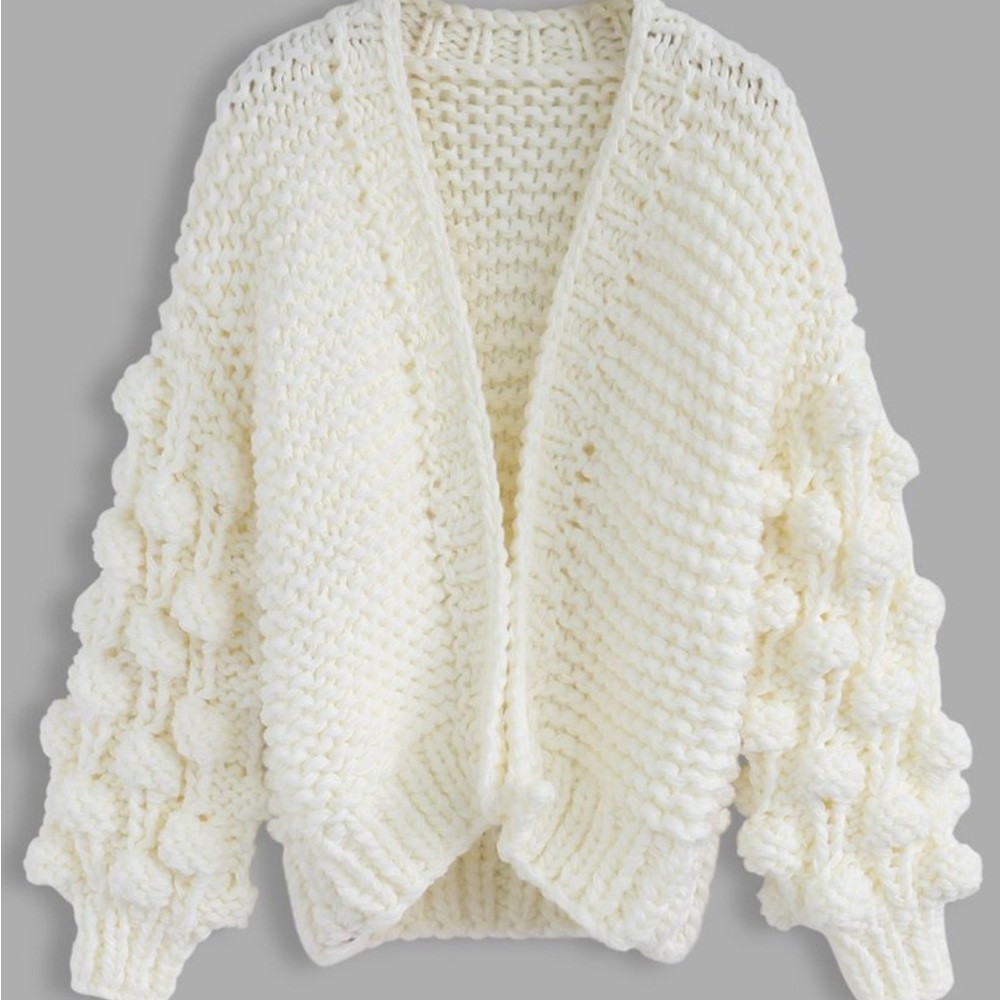 Chunky bubble sleeve ivory cardigan sweater